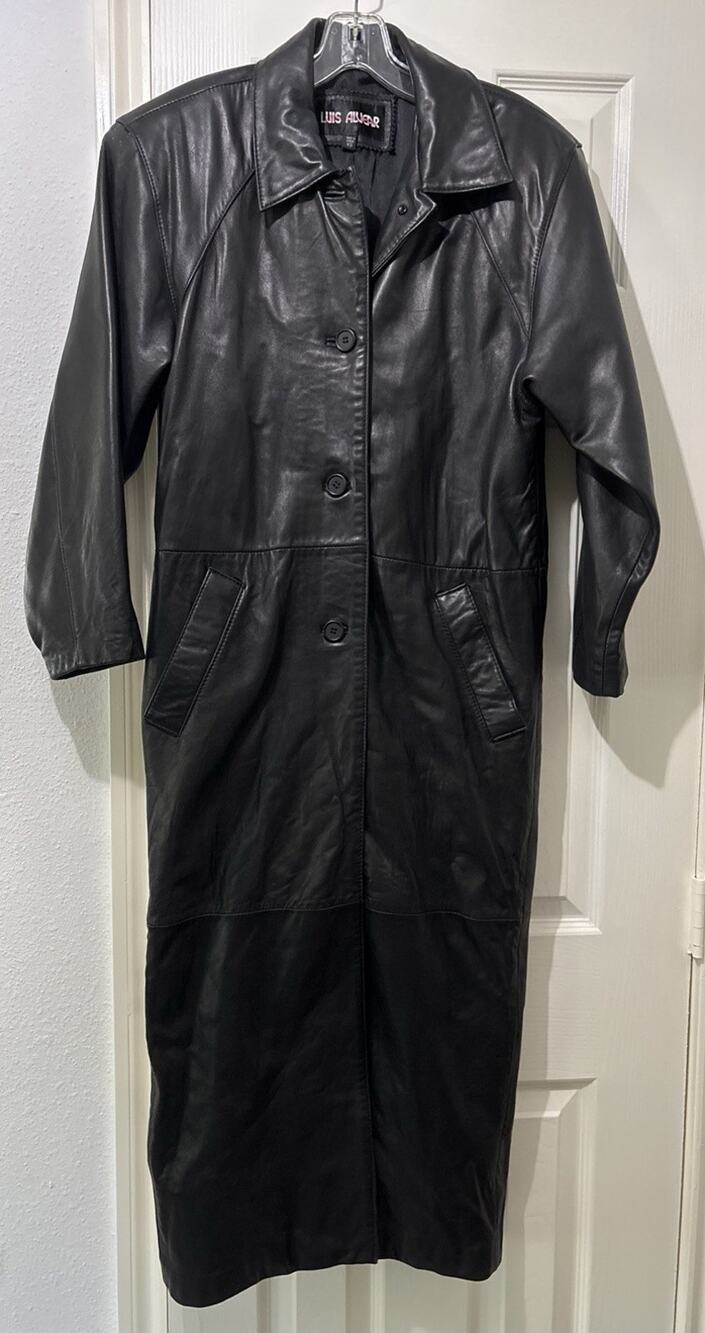 LUIS ALVEAR Black Leather Full Length Coat Women’s Size XS Fully Lined Very Soft